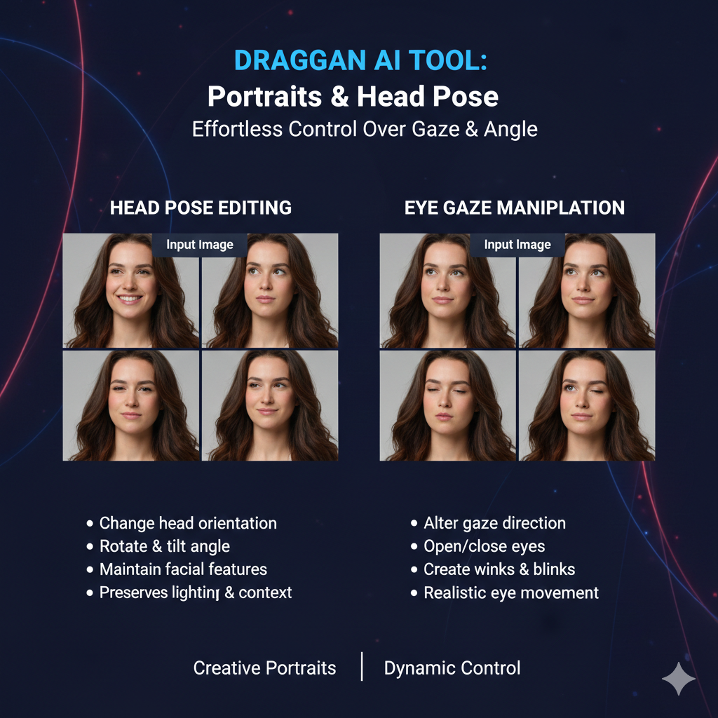 draggan ai tool is especially useful for portraits because portrait edits often need small, believable changes. With draggan ai tool, you can guide a head pose shift by placing handle points on key areas like the jawline edge, cheek contour, eyebrow line, or hairline, then dragging slightly in the direction you want the pose to move.