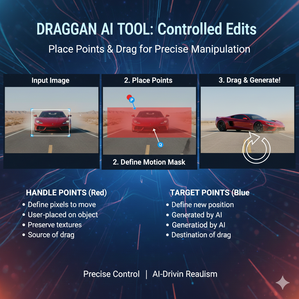 In draggan ai tool, start by zooming into the exact area you want to change, then place 2-6 handle points on the feature you want to move. draggan ai tool responds better when points are placed along the natural edge of a shape, like a jawline curve, eyebrow line, product corner, or object outline, because draggan ai tool can “read” the structure.