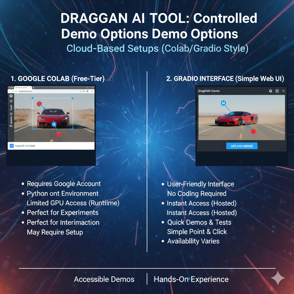 The easiest way to try draggan ai tool is a Google Colab demo, where you run draggan ai tool in the browser and usually get a Gradio interface. Many Colab notebooks for draggan ai tool launch Gradio directly so you can upload an image, place points, and test edits without local installation.