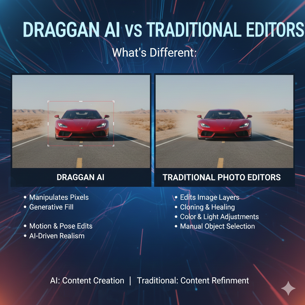 The biggest difference is how you edit. In traditional photo editors, you usually edit by selecting, masking, warping, liquifying, or manually retouching pixels. With draggan ai tool, you edit by placing control points and dragging them, and draggan ai tool tries to move the underlying image structure realistically instead of just stretching pixels.