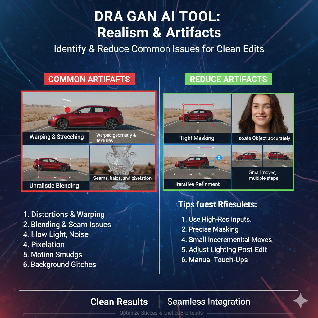 draggan ai tool artifacts usually appear as stretched textures, blurry edges, strange skin patterns, or warped background lines. These realism issues happen when draggan ai is pushed too far or when the image structure is unclear, so draggan ai guesses incorrectly while trying to keep the edit realistic.