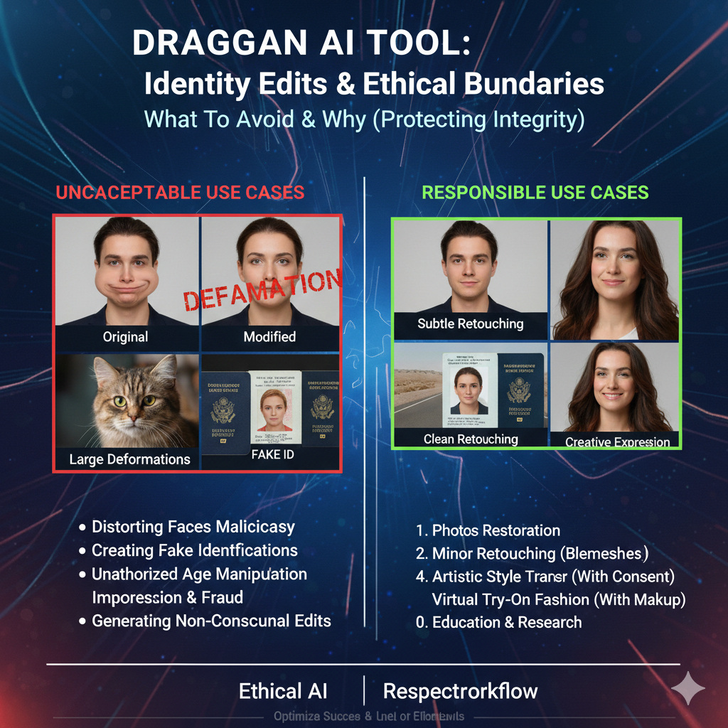 Avoid using draggan ai tool to change someone’s identity traits in a way that makes them look like a different person. Even “small” edits to jawline, nose shape, eye shape, or face proportions with draggan ai can cross the line from enhancement to identity manipulation.