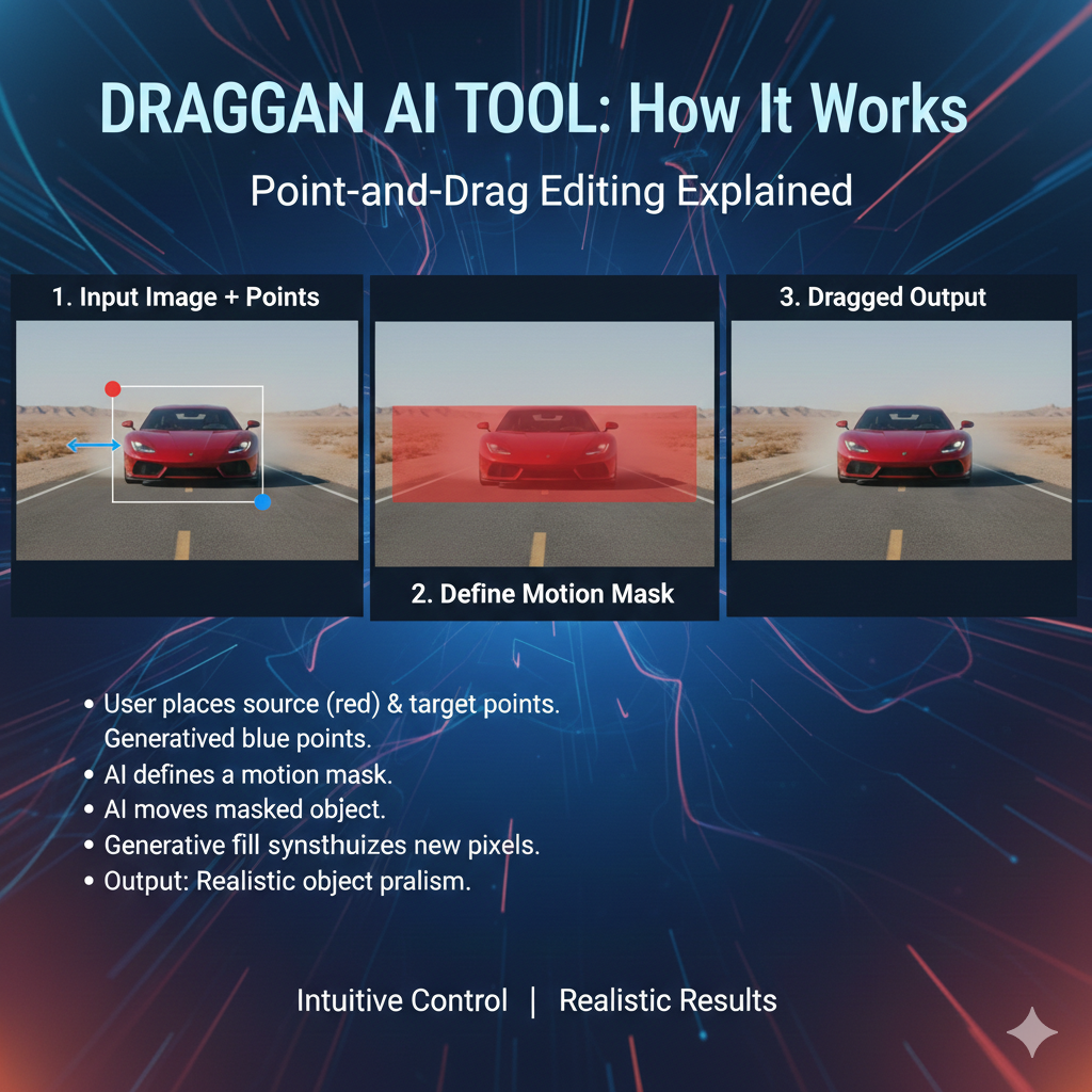 raggan ai tool works by letting you choose specific points on an image and then dragging those points toward a target direction, so the edit is guided by your hand movement. Instead of directly stretching pixels like a warp tool, draggan ai tool attempts to shift the image in a way that keeps the scene looking natural, especially around edges, textures, and facial features.