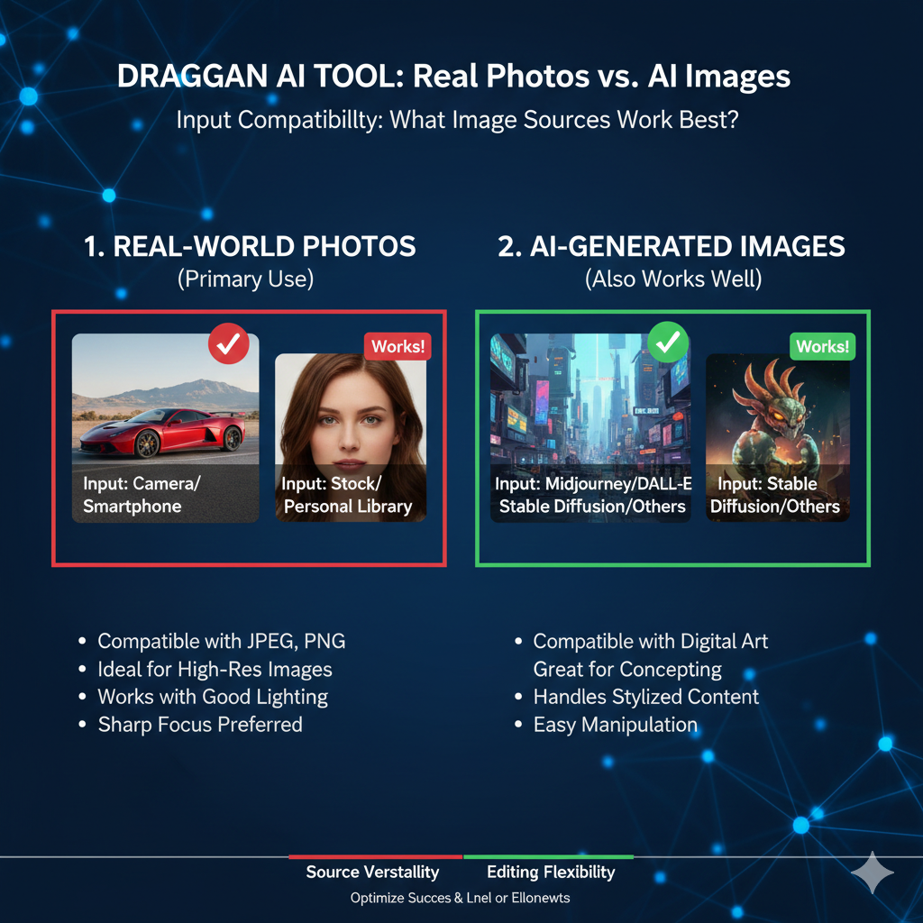 draggan ai tool can work on real photos, not only AI-generated images. The key is that draggan ai tool needs a clear subject and strong structure to move points realistically.