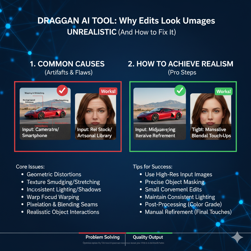 draggan ai tool edits look unrealistic most often when the movement is too large. A big drag forces draggan ai tool to stretch shapes and textures beyond what looks natural, so you may see blur, warped edges, or strange skin and fabric patterns.