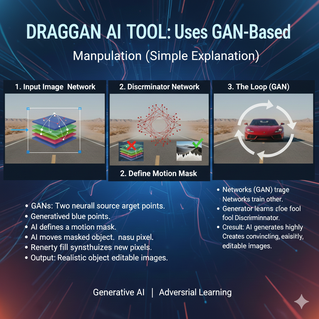 draggan ai tool is built on a GAN-style image model, which you can think of as a smart “image generator brain” that has learned patterns of real-looking images. Instead of editing pixels directly, draggan  uses what the model learned about shapes, textures, lighting, and object structure to produce changes that still look realistic.