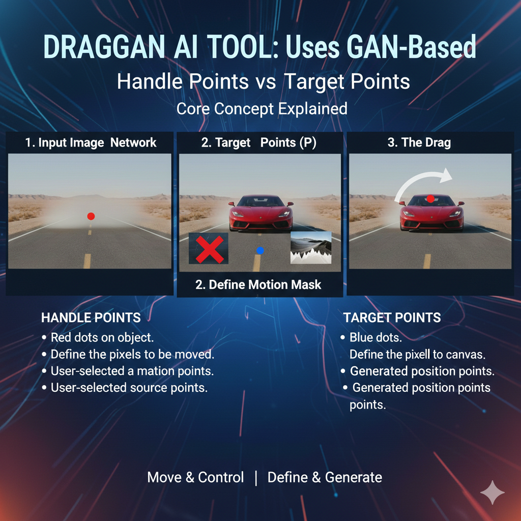 In draggan ai tool, handle points are the points you place on the exact area you want to move. Think of handle points as “grab points.” If you want to lift an eyebrow, you put a handle point on the eyebrow. If you want to shift a shoe tip, you put a handle point on the tip. draggan ai tool watches these handle points as the main drivers of the edit.