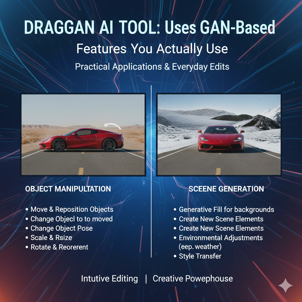 draggan ai tool gives you point-and-drag control, which is the feature you’ll use the most. You place points on the exact area you want to change and drag them to shape the edit. This makes draggan  tool feel more controlled than prompt-only editors because the movement is guided by your hand, not guesswork.
