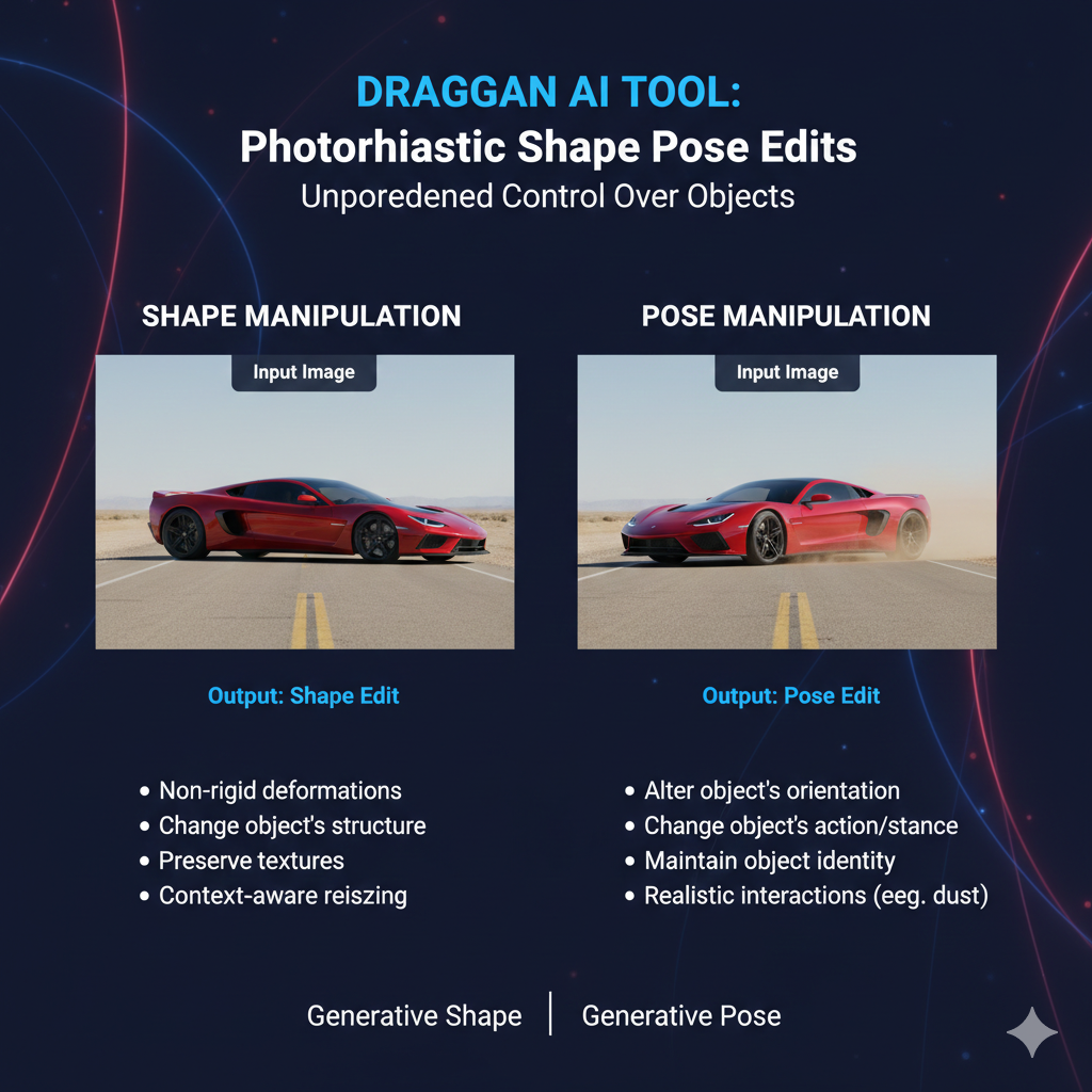 draggan ai tool is best known for photorealistic shape and pose edits, meaning you can change the position or form of a subject while keeping the image looking believable. Instead of creating a brand-new image, draggan ai tool edits what’s already there, so your photo still feels like the same photo, just adjusted.