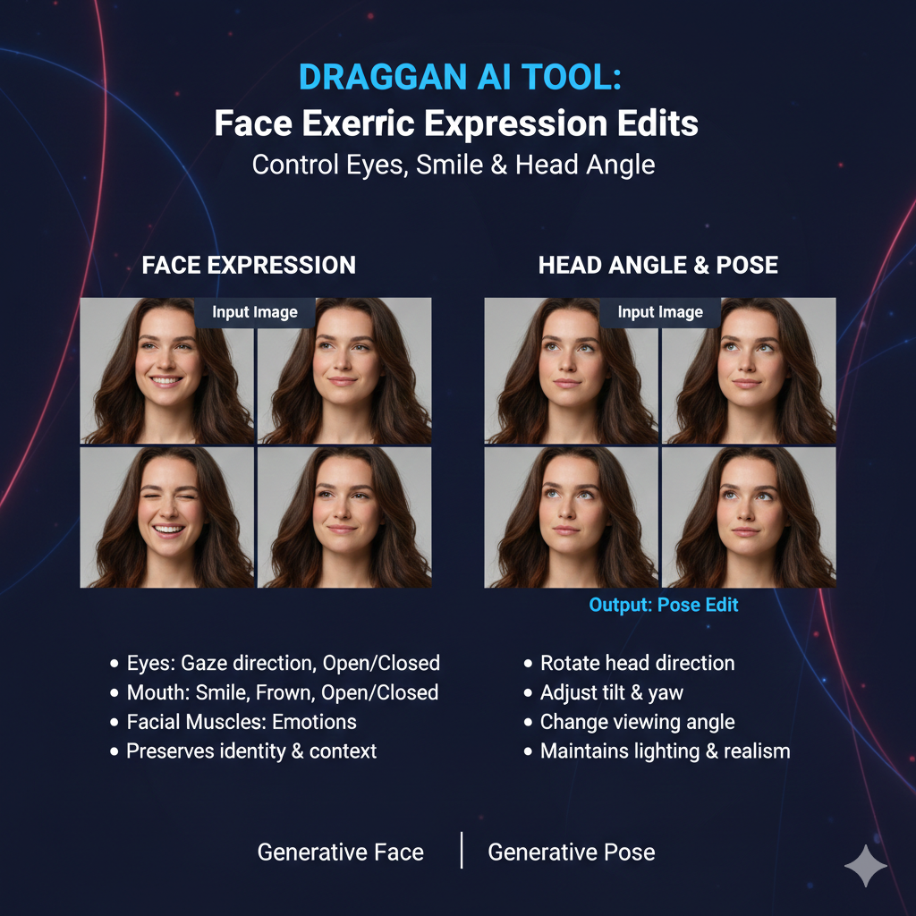 draggan ai tool can be used for subtle face expression edits where you want the same person, same lighting, same background, but a slightly different look. Because draggan ai  works with point-guided changes, you can target tiny areas like eyelids, eyebrows, and lip corners without rewriting the whole face.